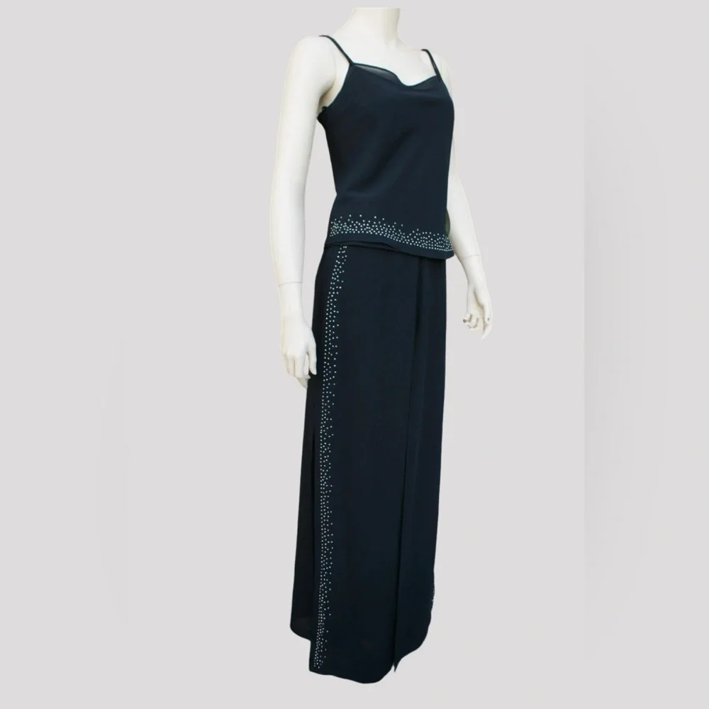 Vintage Betsy & Adam 2 Piece Set Semi-Sheer Wide Leg Flare Rhinestone Details - Picture 2 of 15